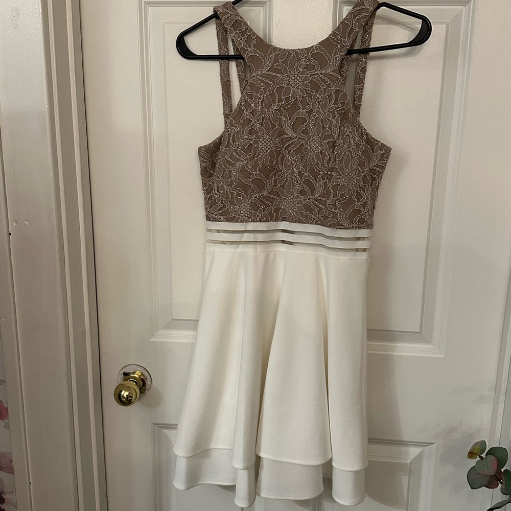 White and Gold Sleeveless Halter Mini Dress